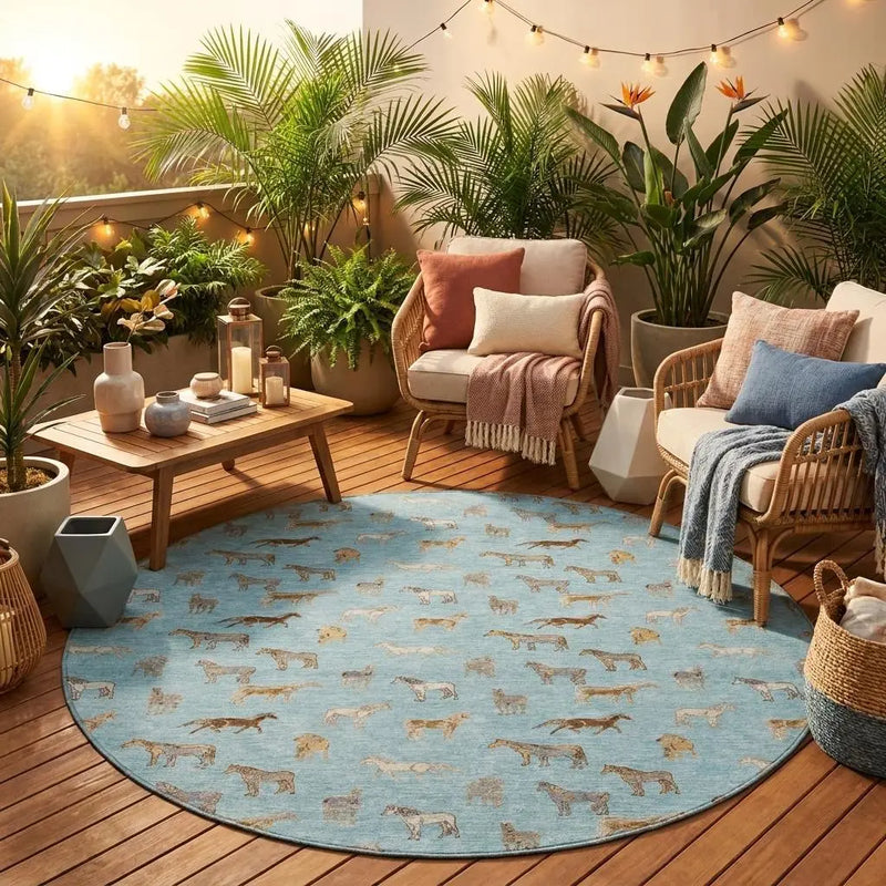 8' Sky Blue And Beige Round Horse Washable Indoor Outdoor Area Rug Homeroots Outdoor