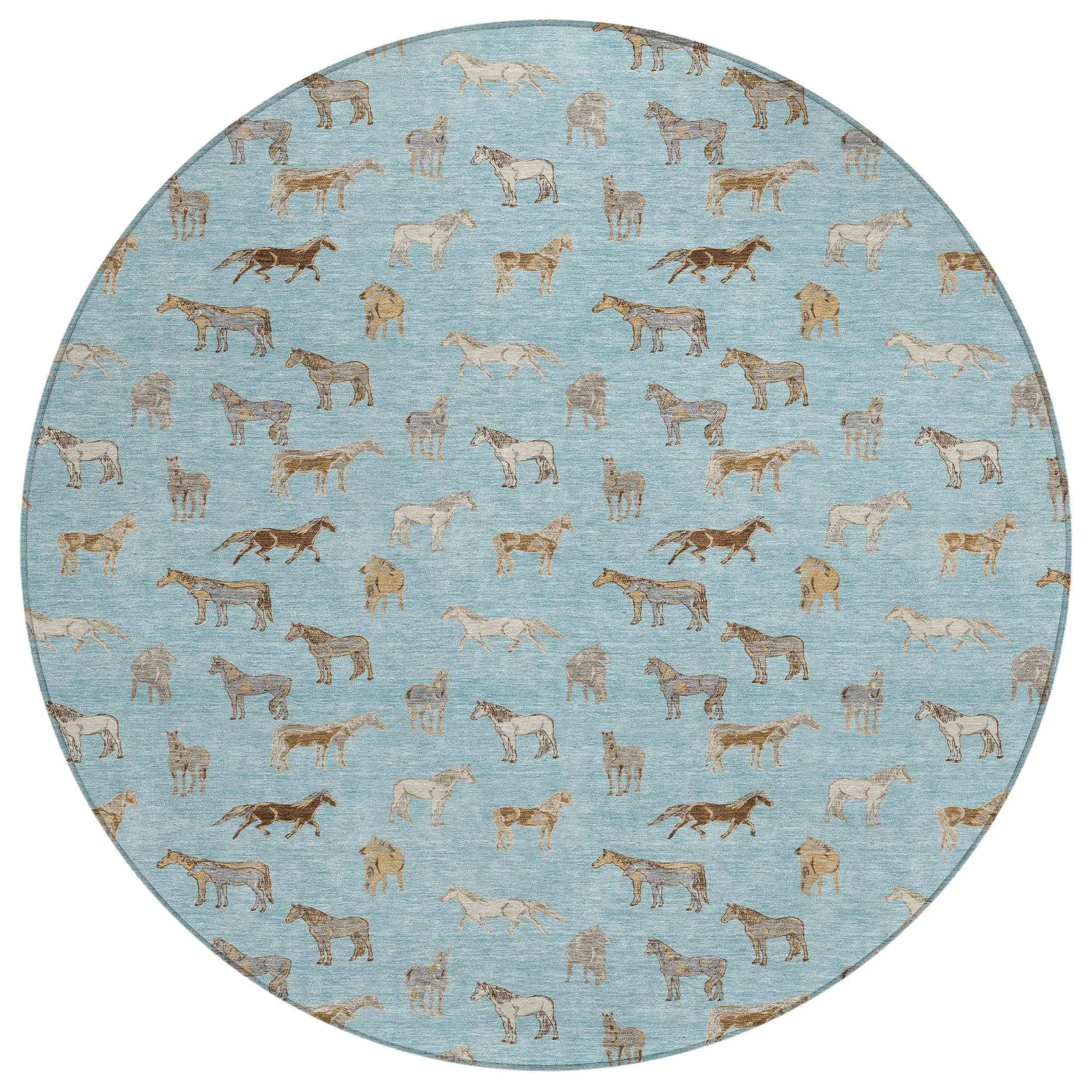 8' Sky Blue And Beige Round Horse Washable Indoor Outdoor Area Rug Homeroots Outdoor