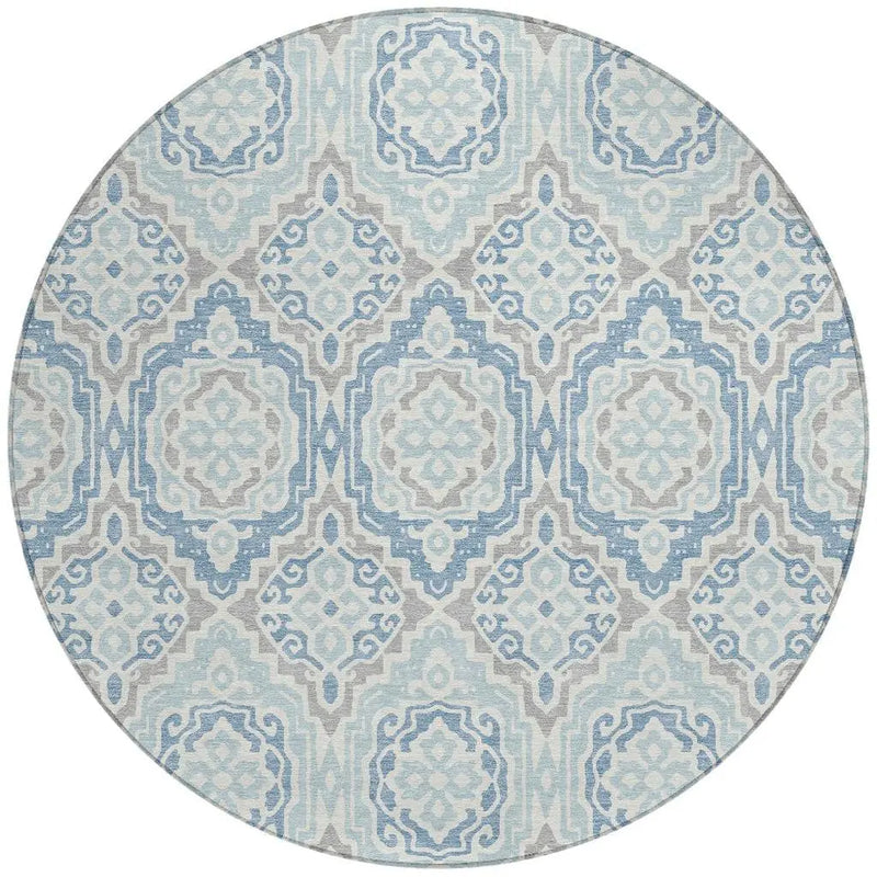 8' Sky Blue And Beige Round Tribal Washable Indoor Outdoor Area Rug Homeroots Outdoor