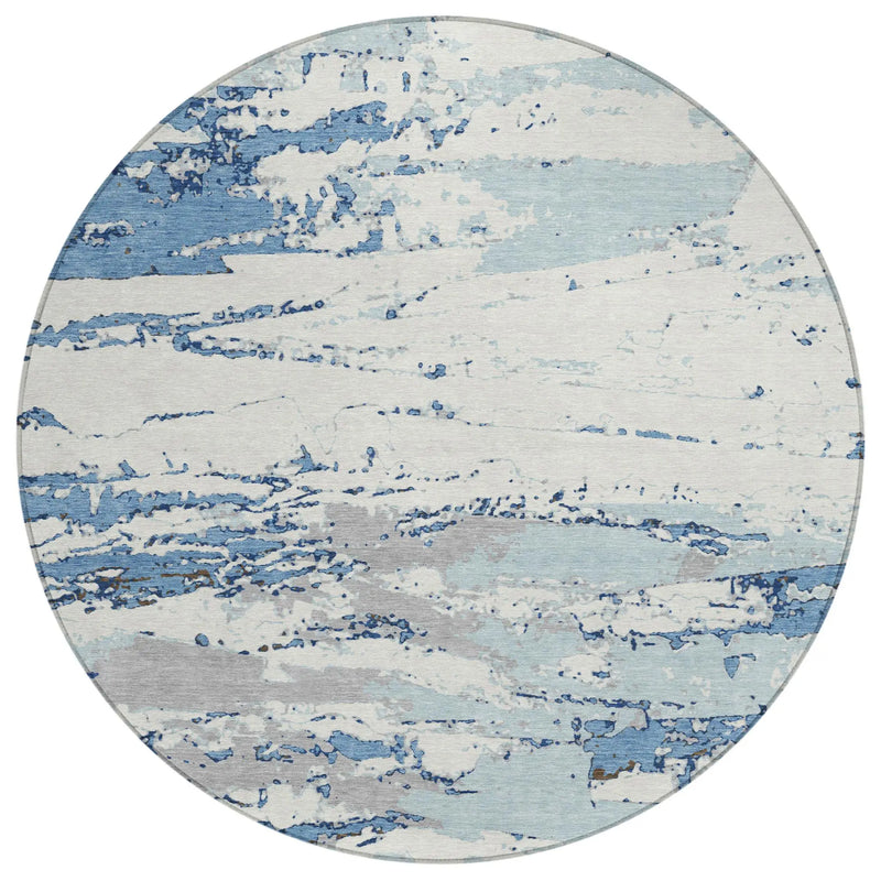 8' Sky Blue And Blue Round Abstract Washable Indoor Outdoor Area Rug Homeroots Outdoor