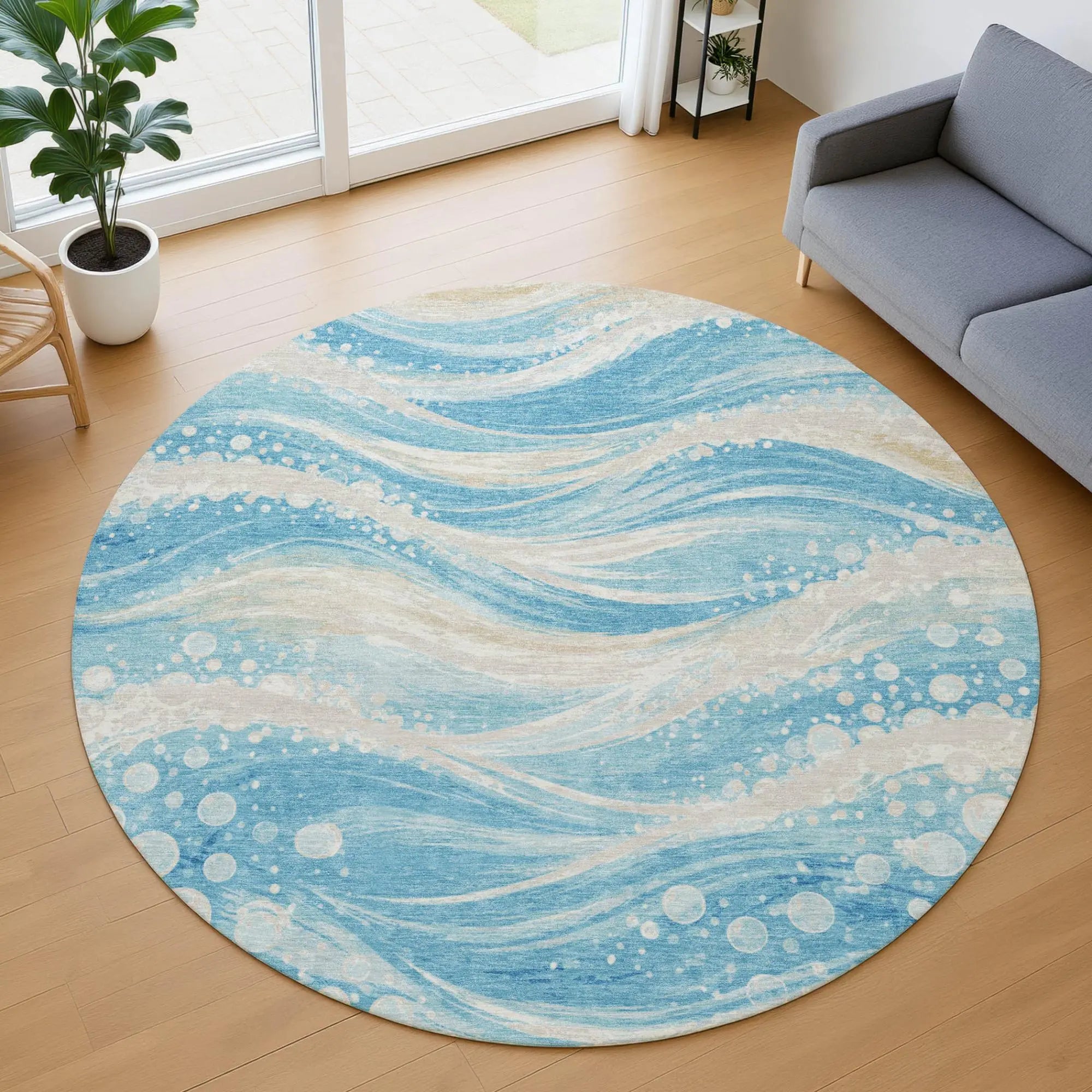 8' Sky Blue And Blue Round Abstract Washable Indoor Outdoor Area Rug Homeroots Outdoor