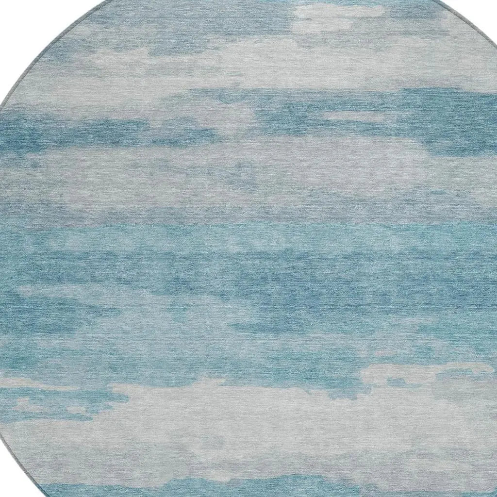 8' Sky Blue And Blue Round Abstract Washable Indoor Outdoor Area Rug Homeroots Outdoor