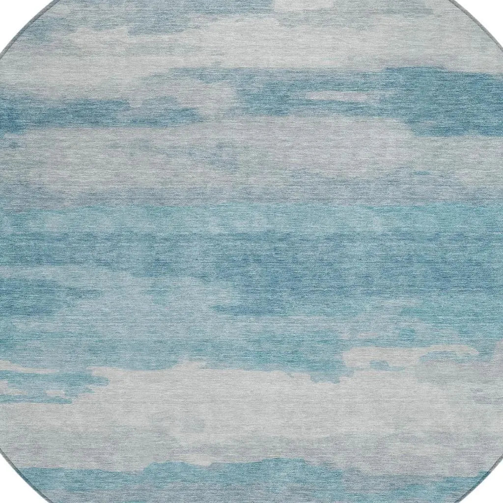 8' Sky Blue And Blue Round Abstract Washable Indoor Outdoor Area Rug Homeroots Outdoor