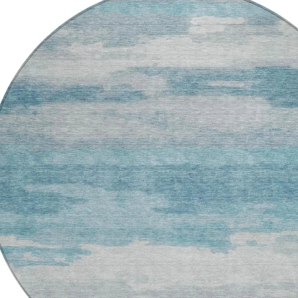 8' Sky Blue And Blue Round Abstract Washable Indoor Outdoor Area Rug Homeroots Outdoor
