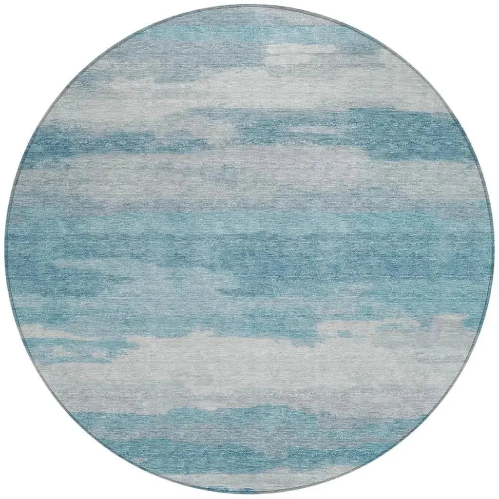 8' Sky Blue And Blue Round Abstract Washable Indoor Outdoor Area Rug Homeroots Outdoor