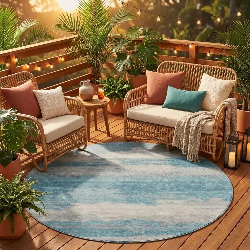 8' Sky Blue And Blue Round Abstract Washable Indoor Outdoor Area Rug Homeroots Outdoor