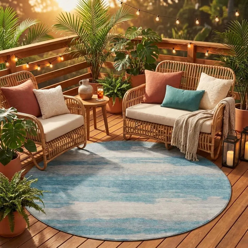 8' Sky Blue And Blue Round Abstract Washable Indoor Outdoor Area Rug Homeroots Outdoor