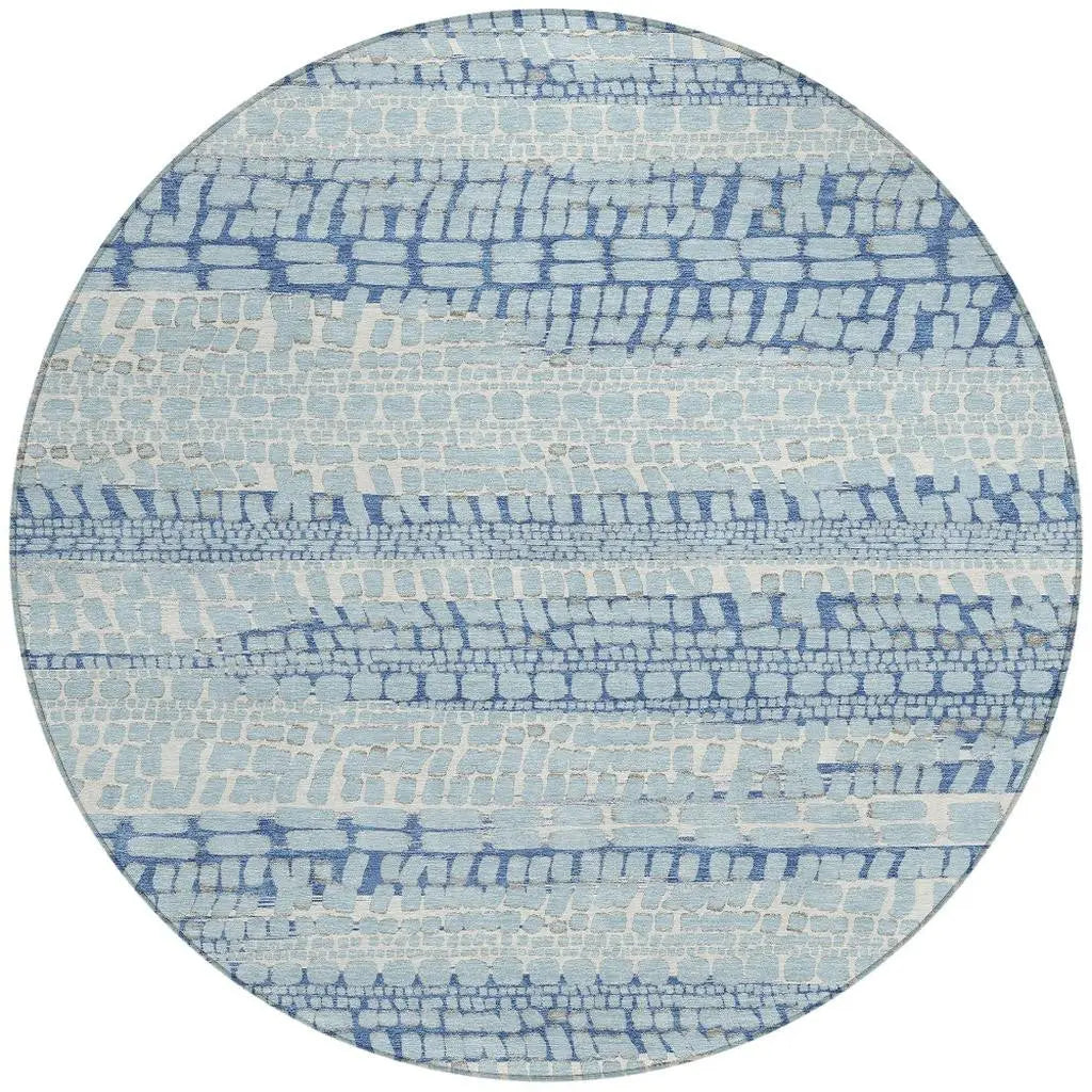 8' Sky Blue And Blue Round Abstract Washable Indoor Outdoor Area Rug Homeroots Outdoor