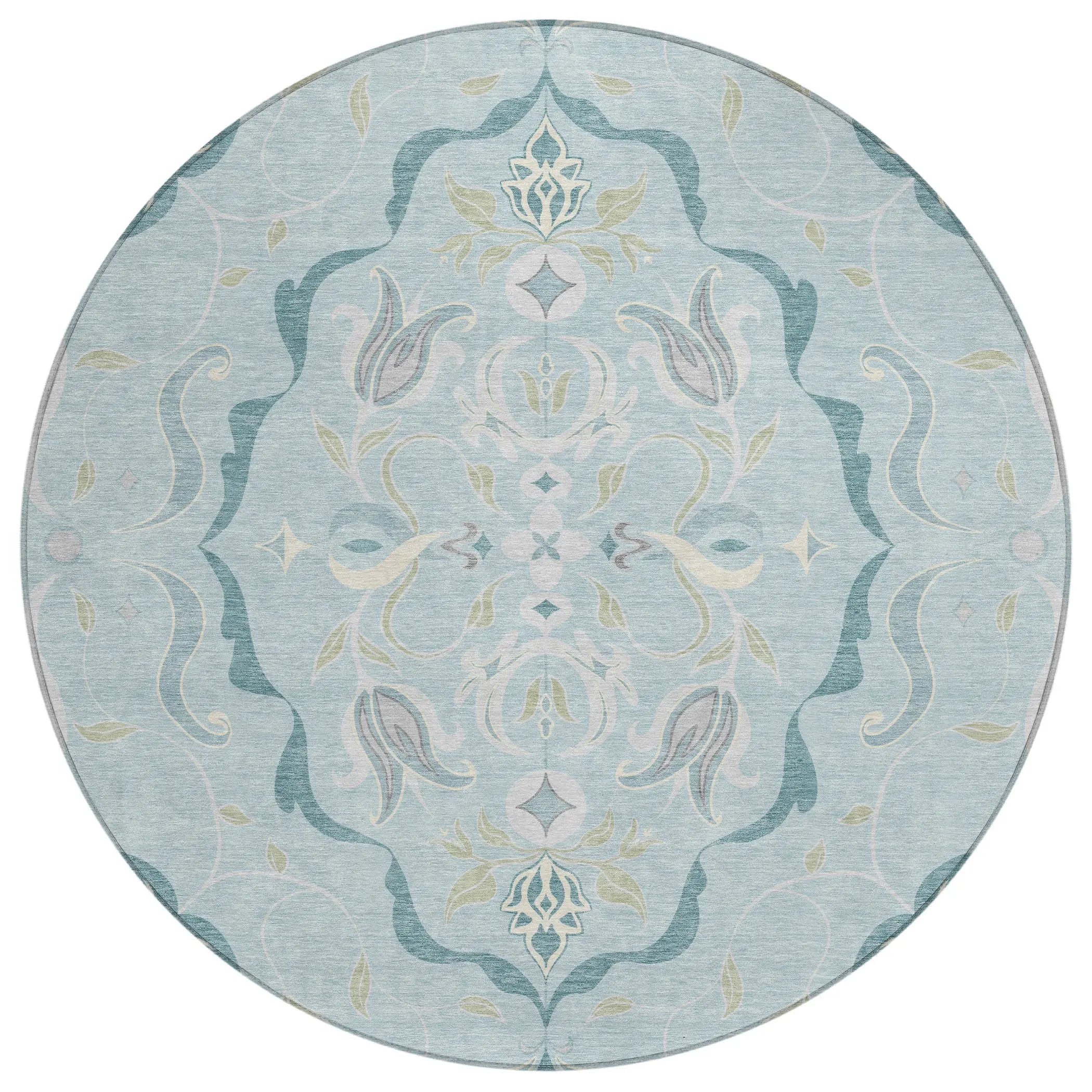 8' Sky Blue And Blue Round Damask Washable Indoor Outdoor Area Rug Homeroots Outdoor