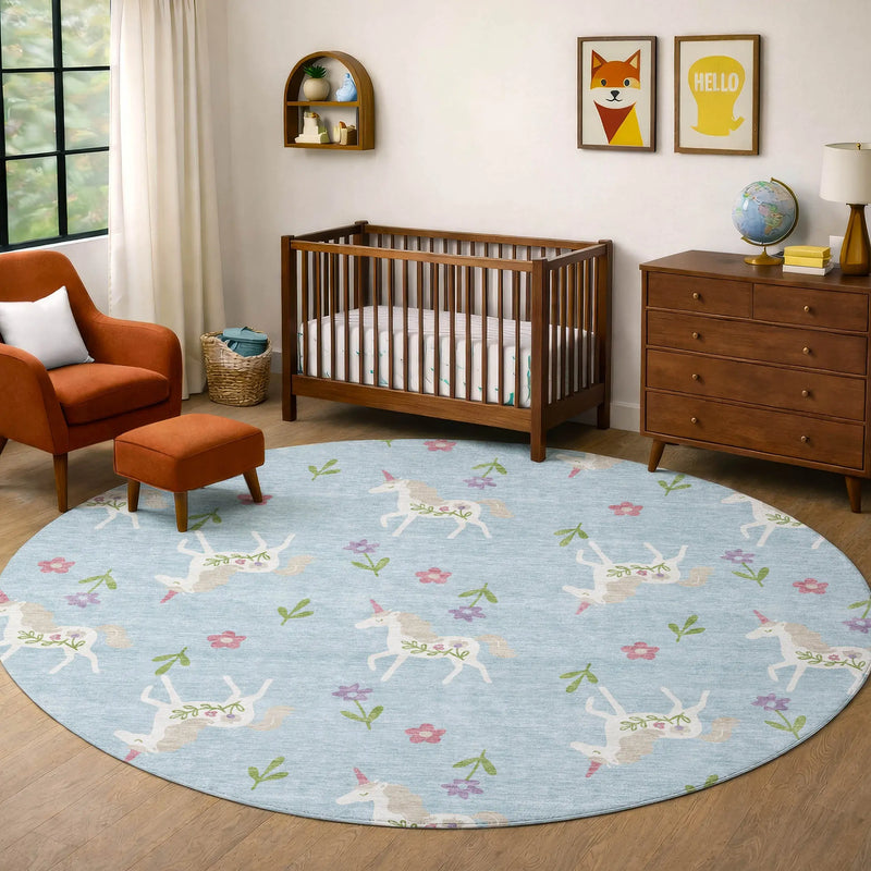 8' Sky Blue And Blue Round Floral Washable Indoor Outdoor Area Rug Homeroots Outdoor