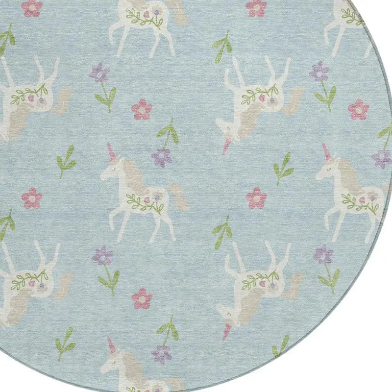 8' Sky Blue And Blue Round Floral Washable Indoor Outdoor Area Rug Homeroots Outdoor