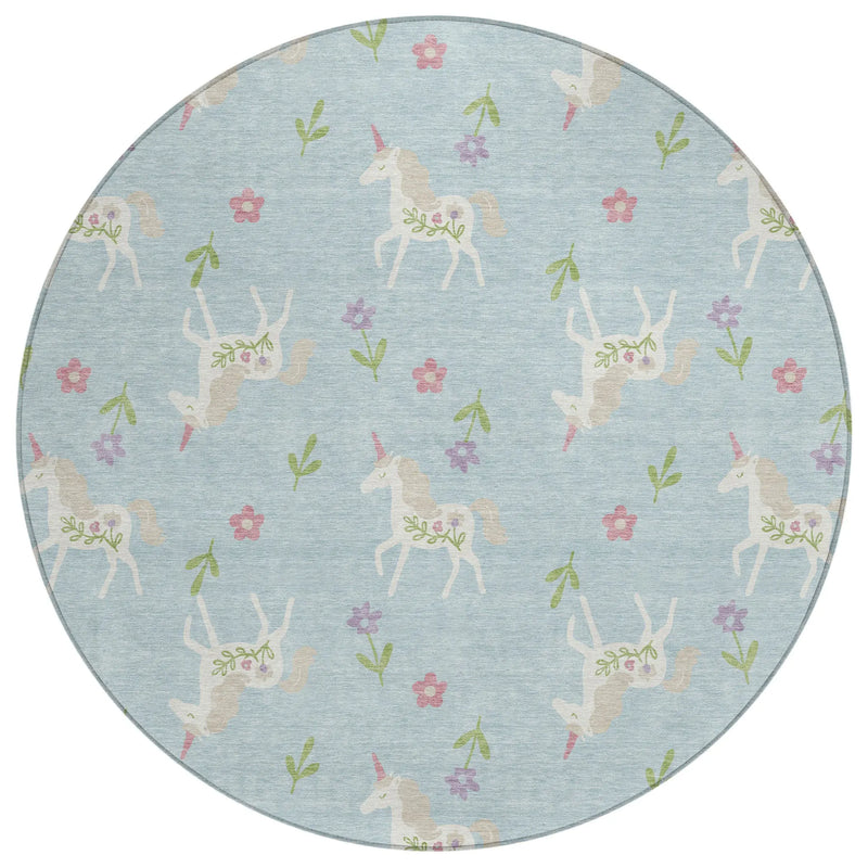 8' Sky Blue And Blue Round Floral Washable Indoor Outdoor Area Rug Homeroots Outdoor