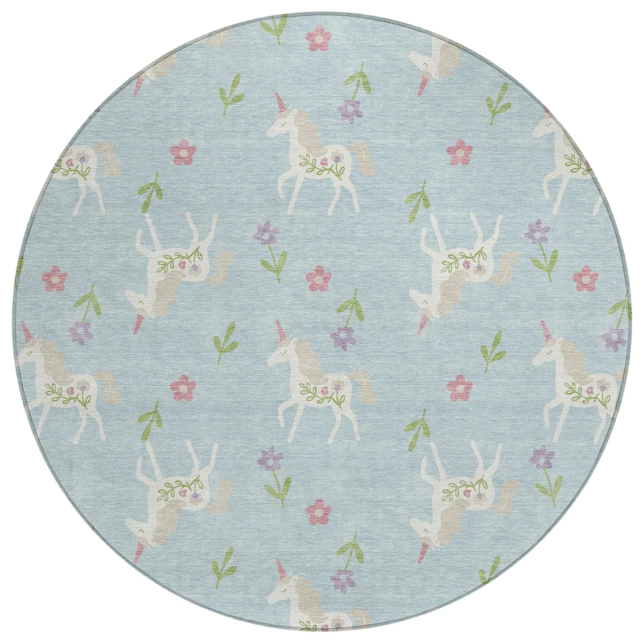 8' Sky Blue And Blue Round Floral Washable Indoor Outdoor Area Rug Homeroots Outdoor