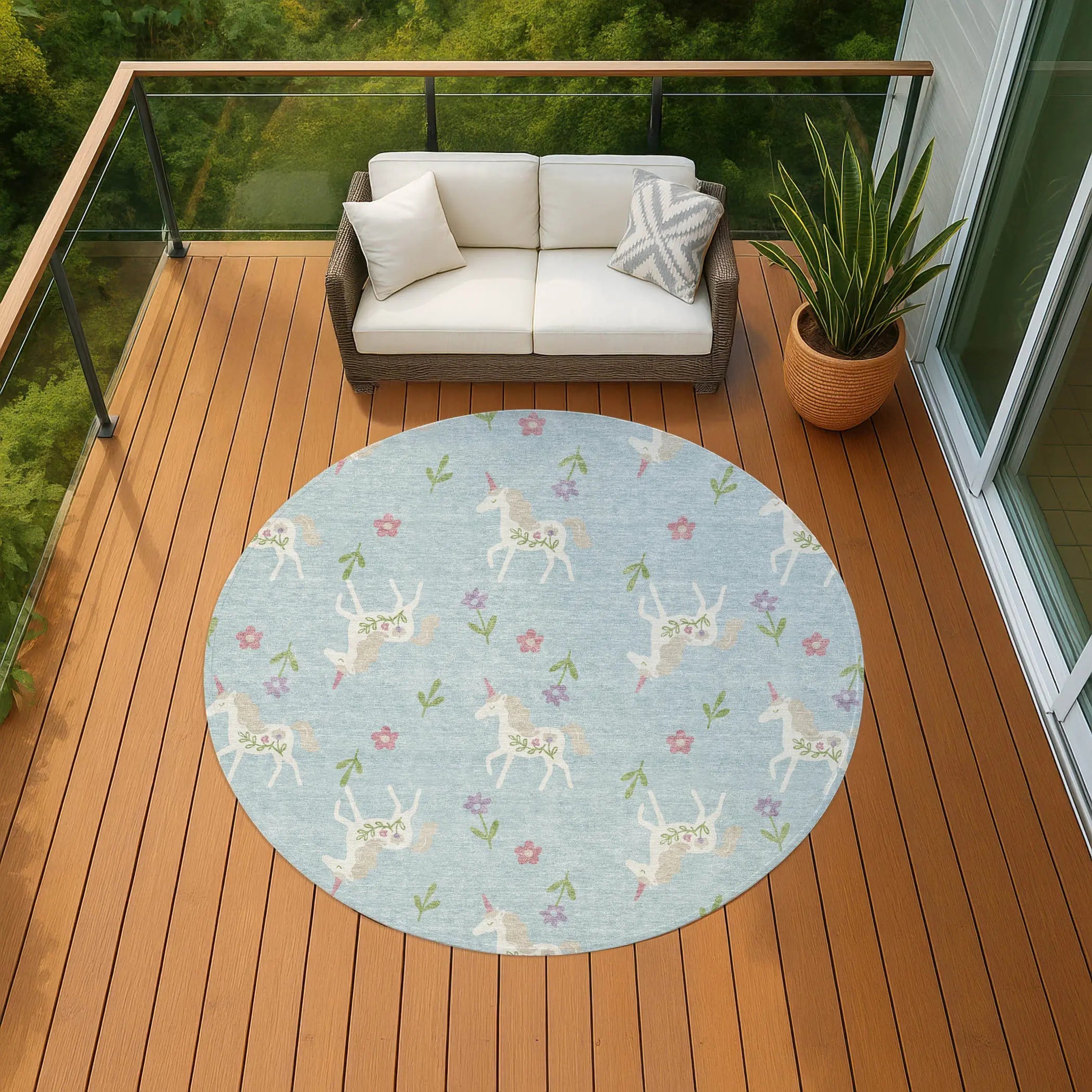 8' Sky Blue And Blue Round Floral Washable Indoor Outdoor Area Rug Homeroots Outdoor