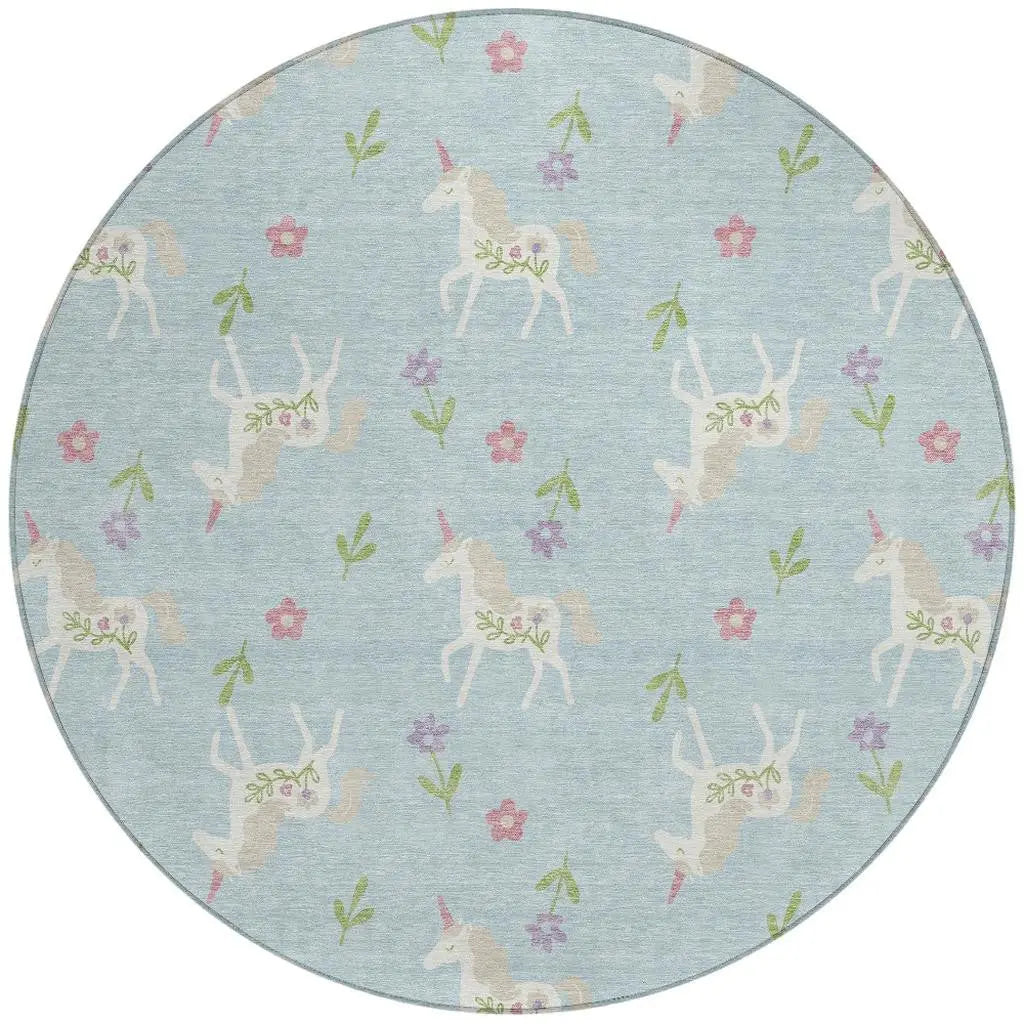 8' Sky Blue And Blue Round Floral Washable Indoor Outdoor Area Rug Homeroots Outdoor