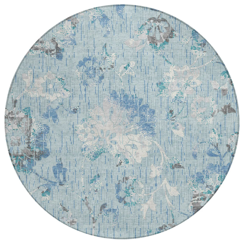 8' Sky Blue And Blue Round Floral Washable Indoor Outdoor Area Rug Homeroots Outdoor