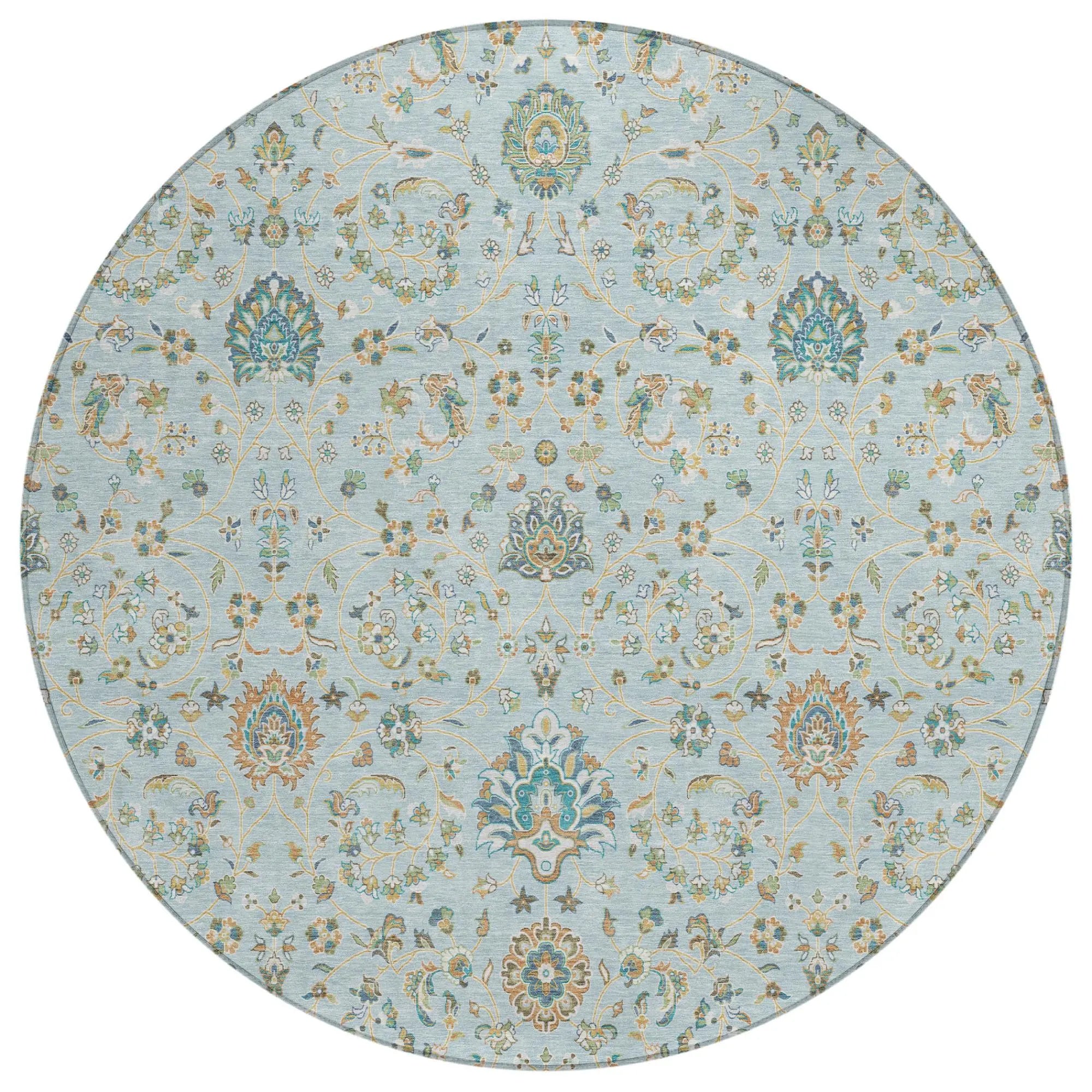 8' Sky Blue And Blue Round Floral Washable Indoor Outdoor Area Rug Homeroots Outdoor