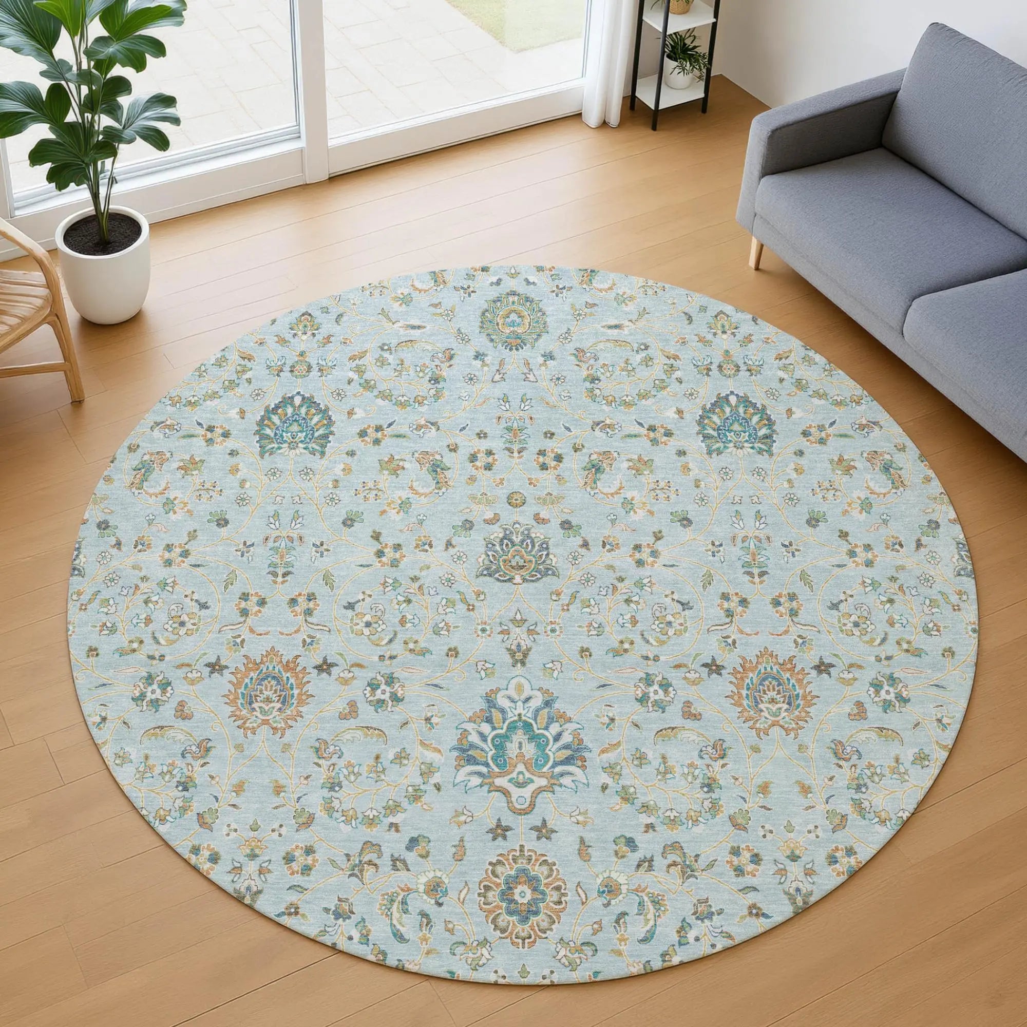 8' Sky Blue And Blue Round Floral Washable Indoor Outdoor Area Rug Homeroots Outdoor