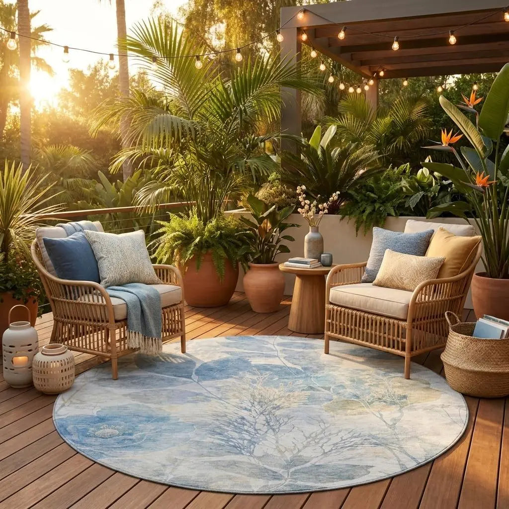 8' Sky Blue And Blue Round Floral Washable Indoor Outdoor Area Rug Homeroots Outdoor