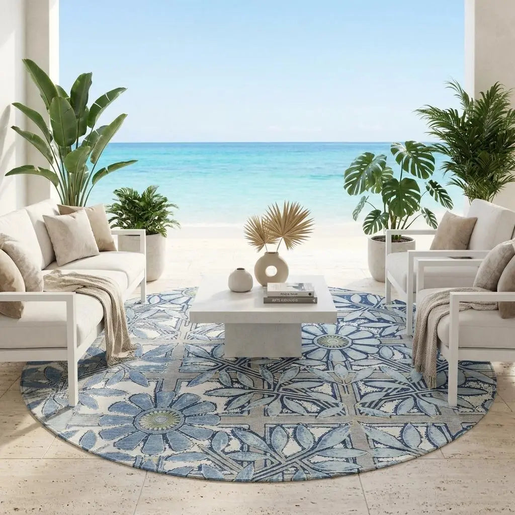 8' Sky Blue And Blue Round Floral Washable Indoor Outdoor Area Rug Homeroots Outdoor