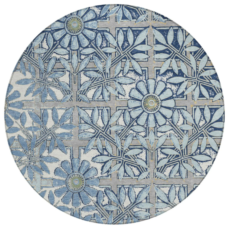8' Sky Blue And Blue Round Floral Washable Indoor Outdoor Area Rug Homeroots Outdoor