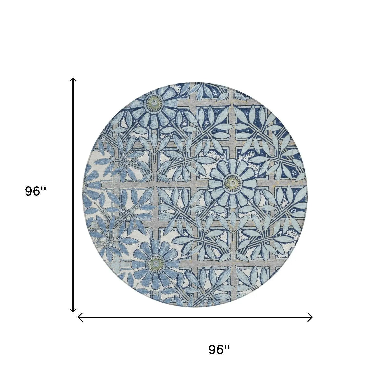 8' Sky Blue And Blue Round Floral Washable Indoor Outdoor Area Rug Homeroots Outdoor