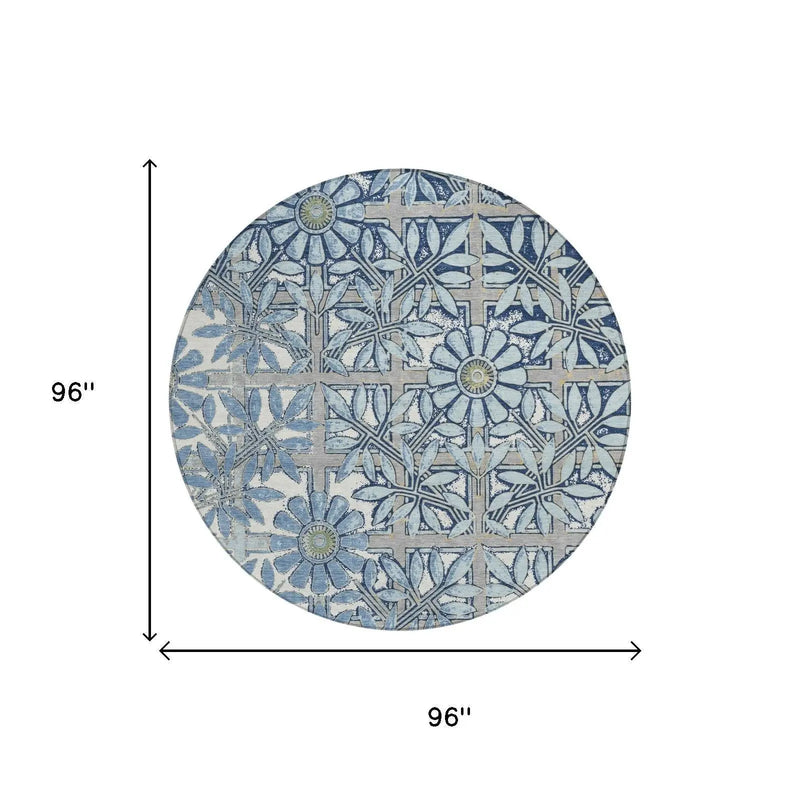 8' Sky Blue And Blue Round Floral Washable Indoor Outdoor Area Rug Homeroots Outdoor