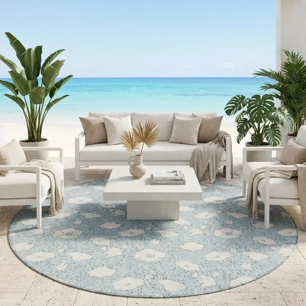 8' Sky Blue And Blue Round Floral Washable Indoor Outdoor Area Rug Homeroots Outdoor