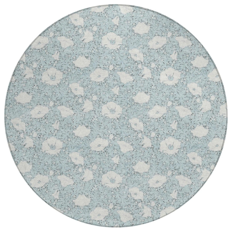 8' Sky Blue And Blue Round Floral Washable Indoor Outdoor Area Rug Homeroots Outdoor