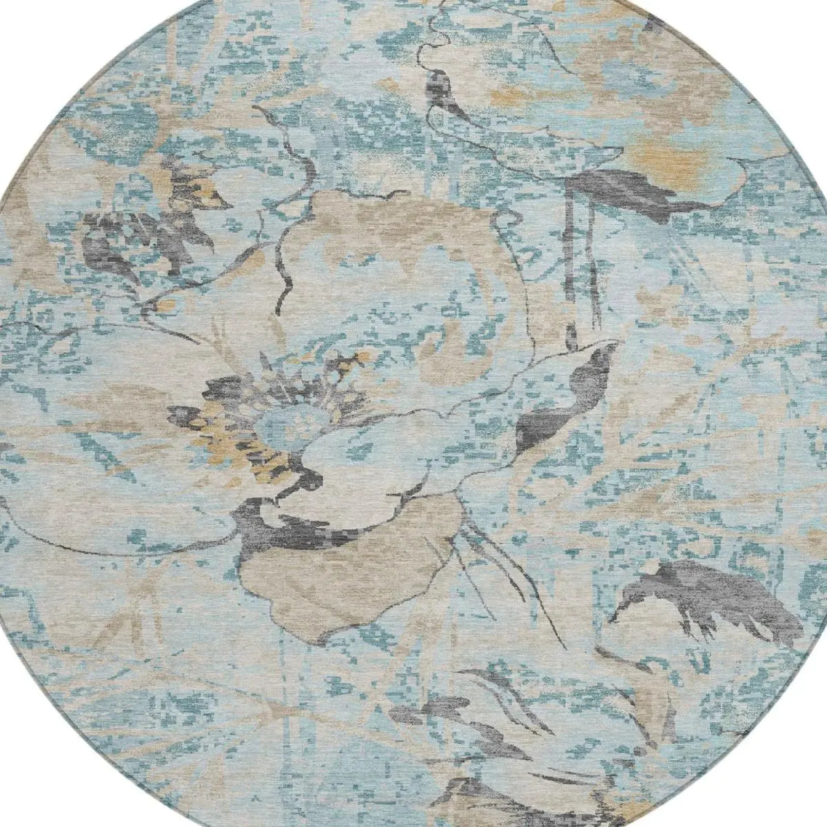 8' Sky Blue And Blue Round Floral Washable Indoor Outdoor Area Rug Homeroots Outdoor
