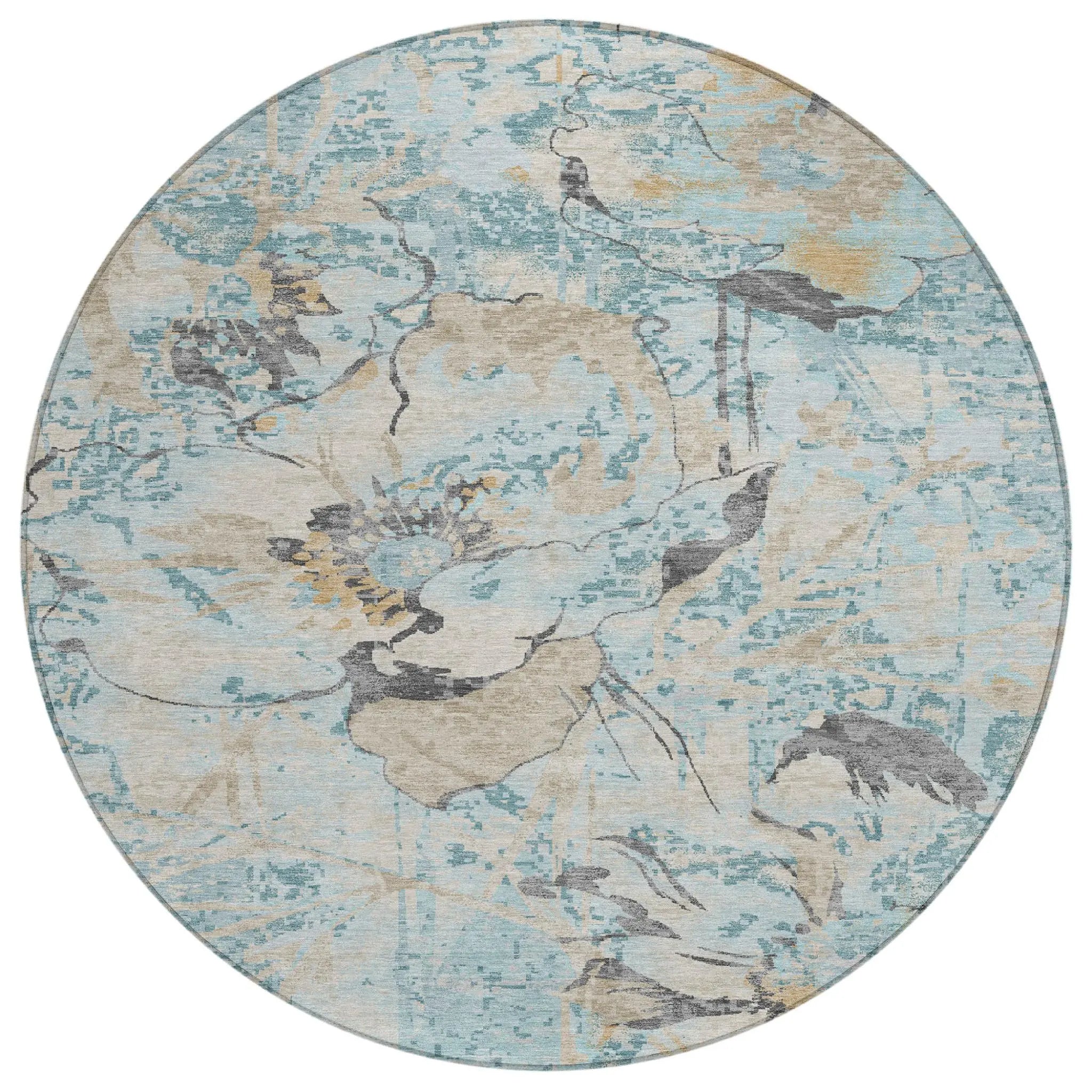 8' Sky Blue And Blue Round Floral Washable Indoor Outdoor Area Rug Homeroots Outdoor