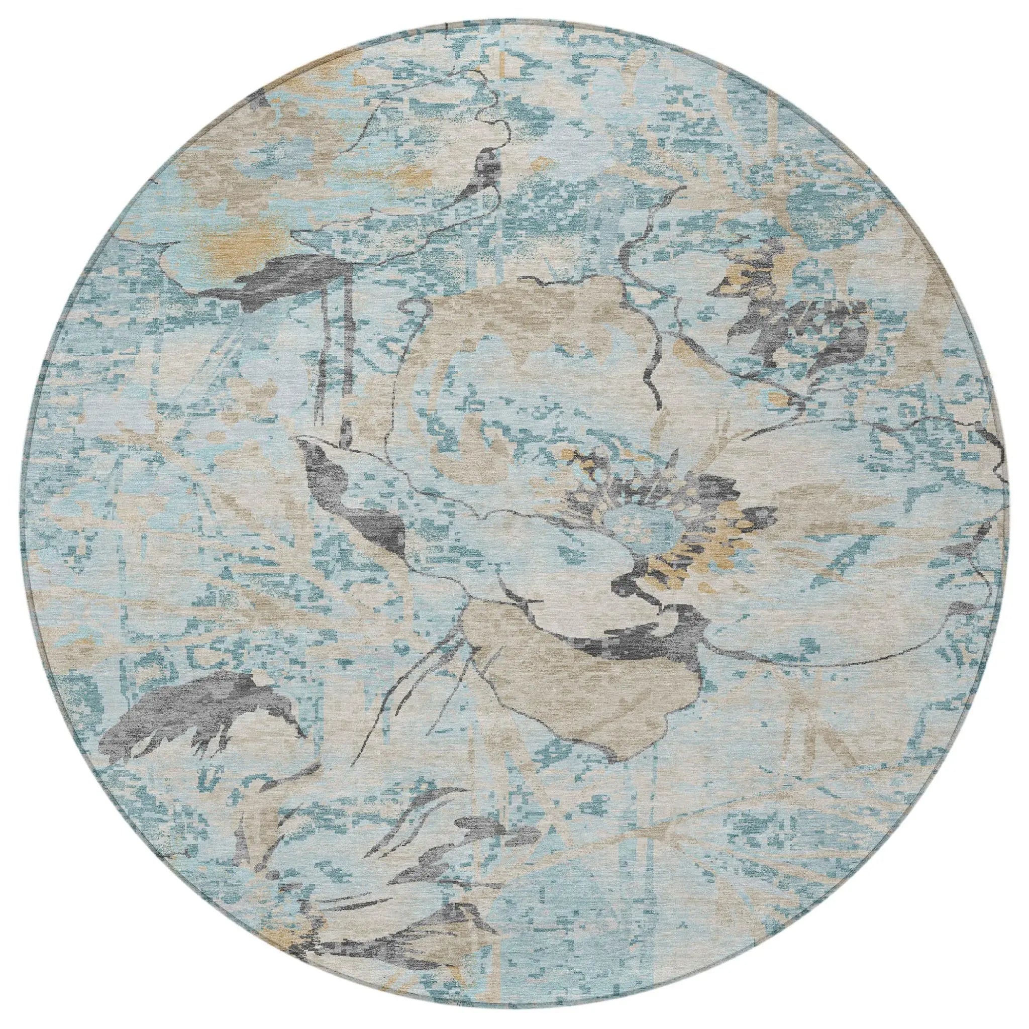 8' Sky Blue And Blue Round Floral Washable Indoor Outdoor Area Rug Homeroots Outdoor