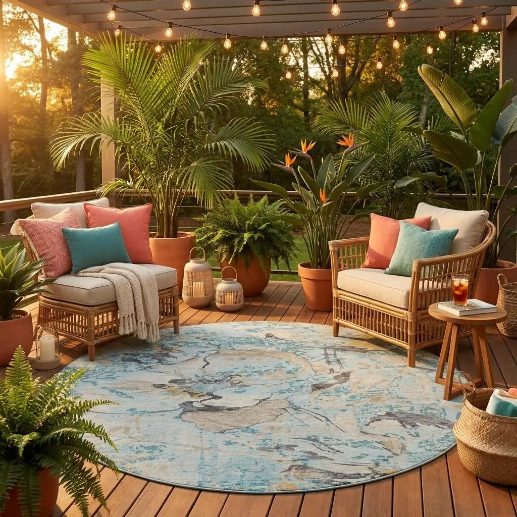 8' Sky Blue And Blue Round Floral Washable Indoor Outdoor Area Rug Homeroots Outdoor