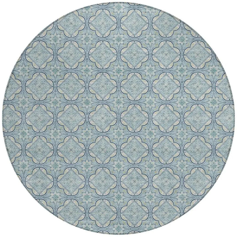 8' Sky Blue And Blue Round Geometric Washable Indoor Outdoor Area Rug Homeroots Outdoor