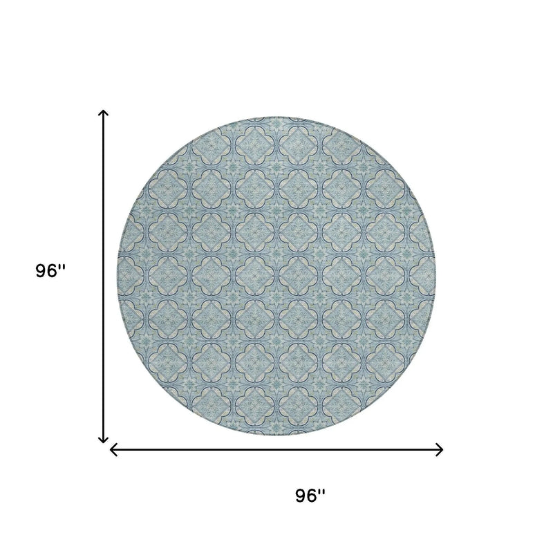 8' Sky Blue And Blue Round Geometric Washable Indoor Outdoor Area Rug Homeroots Outdoor