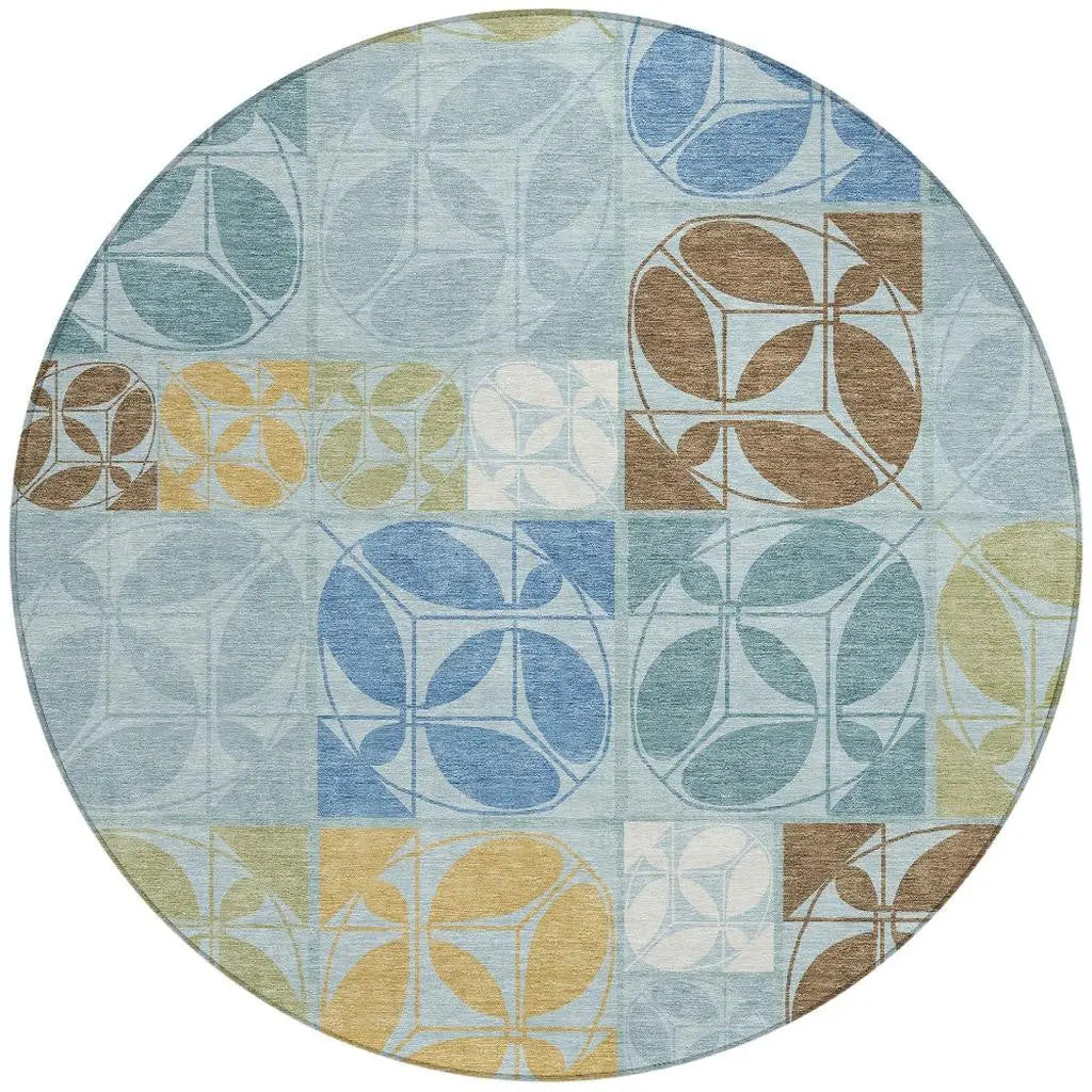 8' Sky Blue And Blue Round Geometric Washable Indoor Outdoor Area Rug Homeroots Outdoor