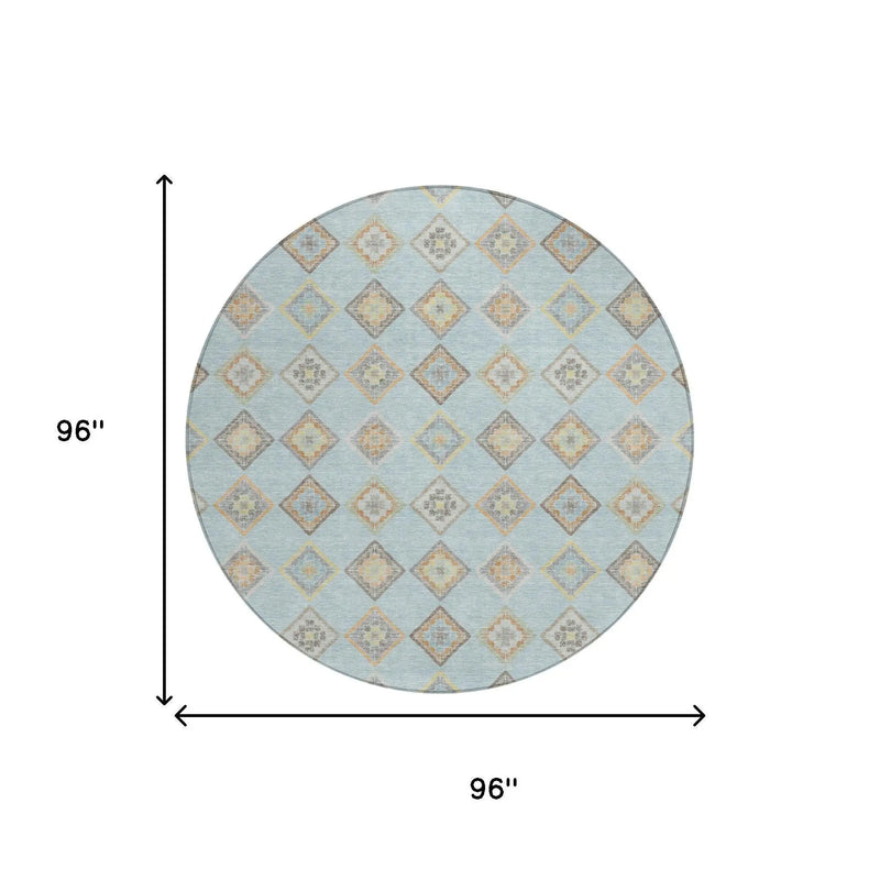 8' Sky Blue And Blue Round Geometric Washable Indoor Outdoor Area Rug Homeroots Outdoor