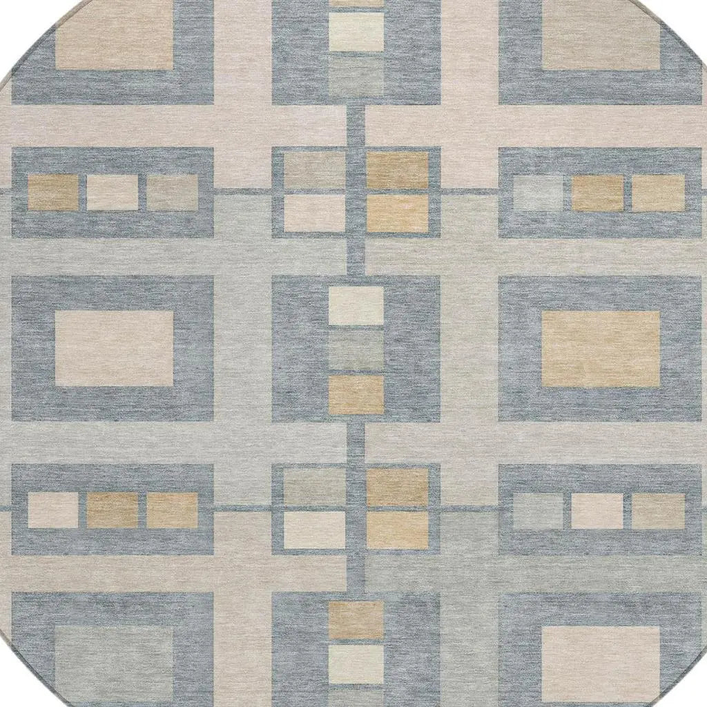 8' Sky Blue And Blue Round Geometric Washable Indoor Outdoor Area Rug Homeroots Outdoor