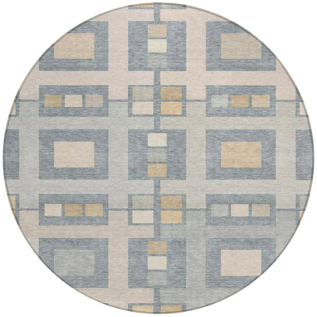 8' Sky Blue And Blue Round Geometric Washable Indoor Outdoor Area Rug Homeroots Outdoor
