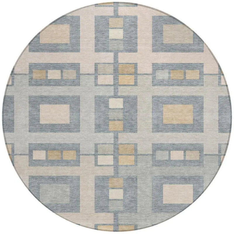 8' Sky Blue And Blue Round Geometric Washable Indoor Outdoor Area Rug Homeroots Outdoor