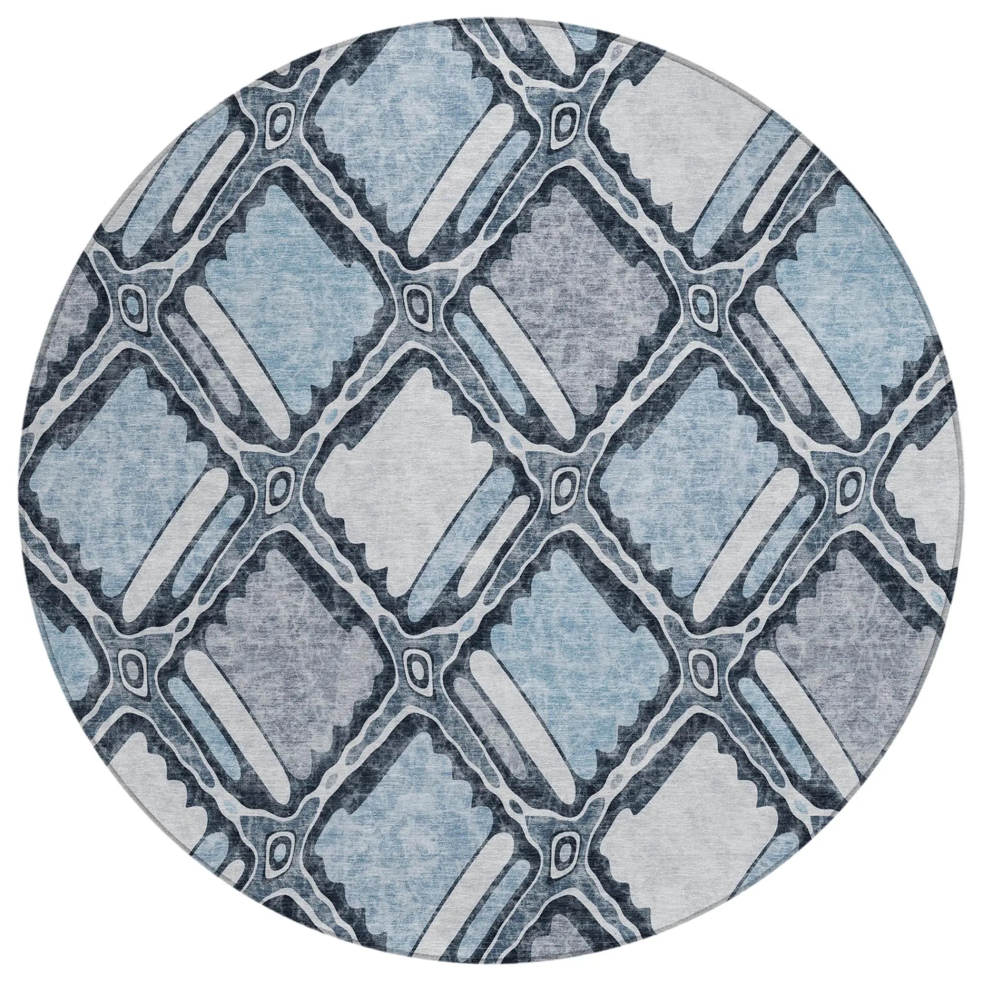 8' Sky Blue And Blue Round Geometric Washable Indoor Outdoor Area Rug Homeroots Outdoor
