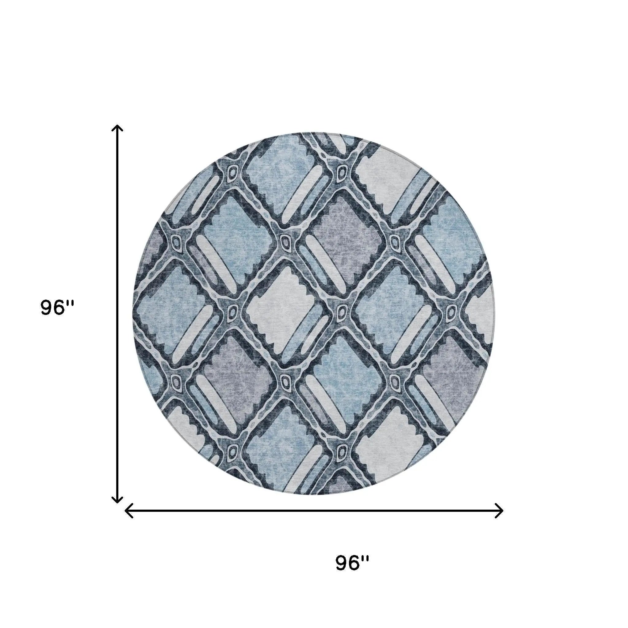 8' Sky Blue And Blue Round Geometric Washable Indoor Outdoor Area Rug Homeroots Outdoor