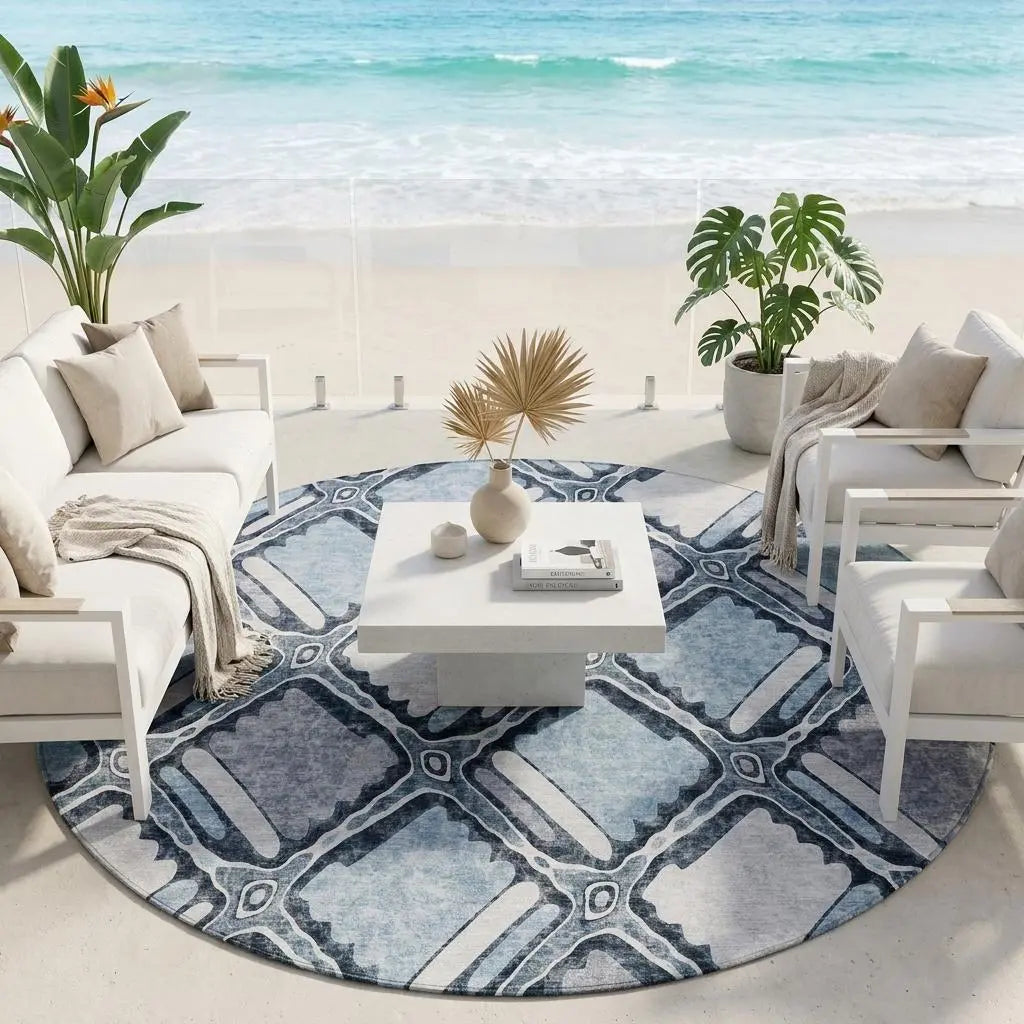 8' Sky Blue And Blue Round Geometric Washable Indoor Outdoor Area Rug Homeroots Outdoor