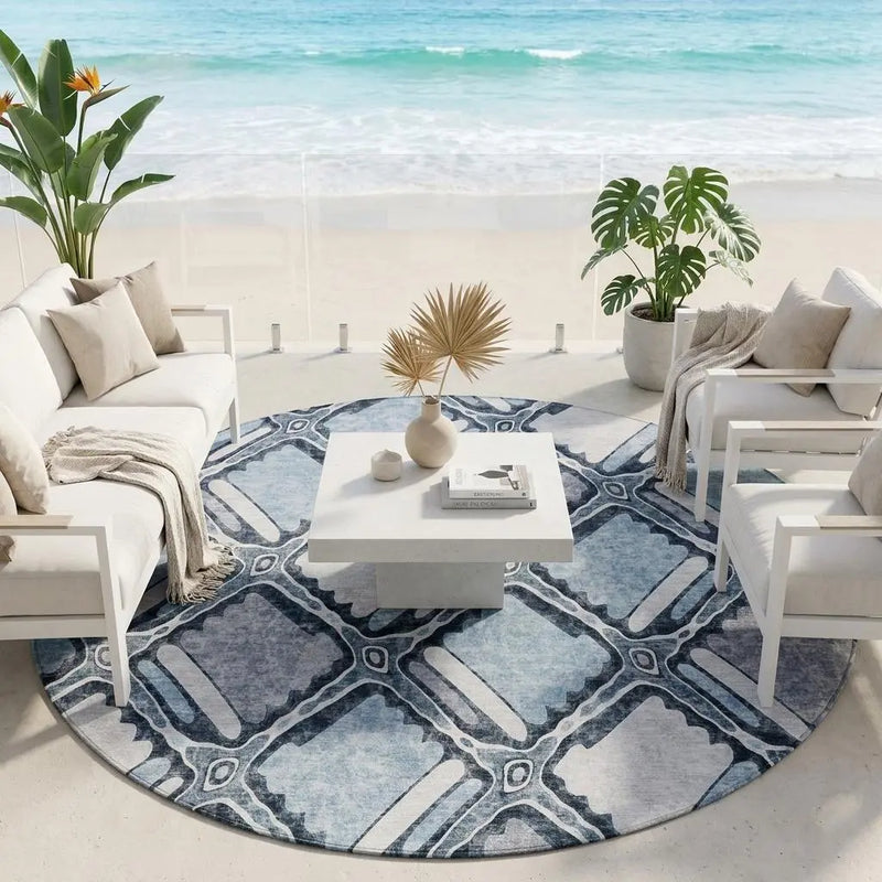 8' Sky Blue And Blue Round Geometric Washable Indoor Outdoor Area Rug Homeroots Outdoor