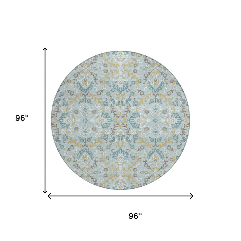8' Sky Blue And Blue Round Geometric Washable Indoor Outdoor Area Rug Homeroots Outdoor