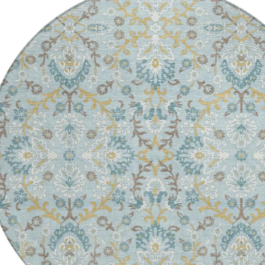8' Sky Blue And Blue Round Geometric Washable Indoor Outdoor Area Rug Homeroots Outdoor