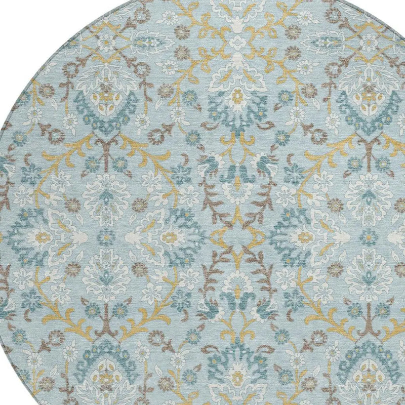 8' Sky Blue And Blue Round Geometric Washable Indoor Outdoor Area Rug Homeroots Outdoor