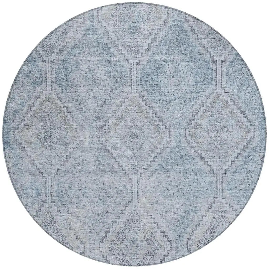 8' Sky Blue And Blue Round Geometric Washable Indoor Outdoor Area Rug Homeroots Outdoor