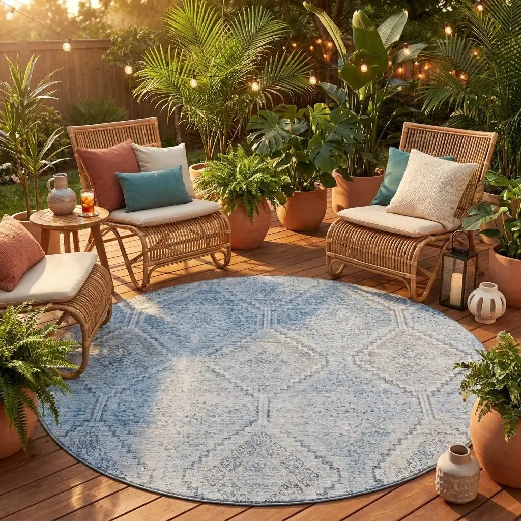 8' Sky Blue And Blue Round Geometric Washable Indoor Outdoor Area Rug Homeroots Outdoor