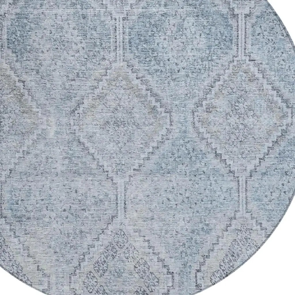 8' Sky Blue And Blue Round Geometric Washable Indoor Outdoor Area Rug Homeroots Outdoor